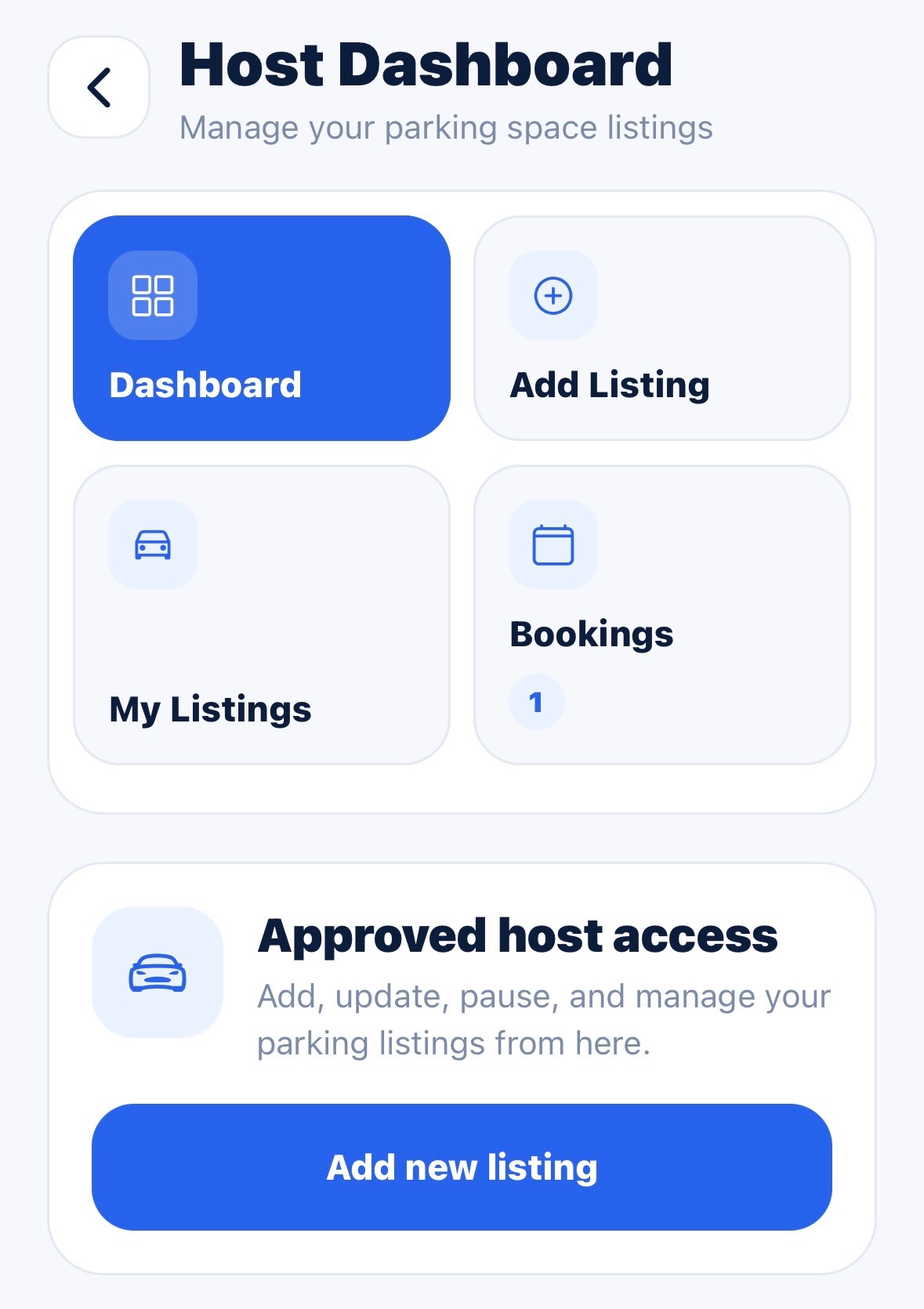 ParkShare host dashboard for managing parking listings and bookings